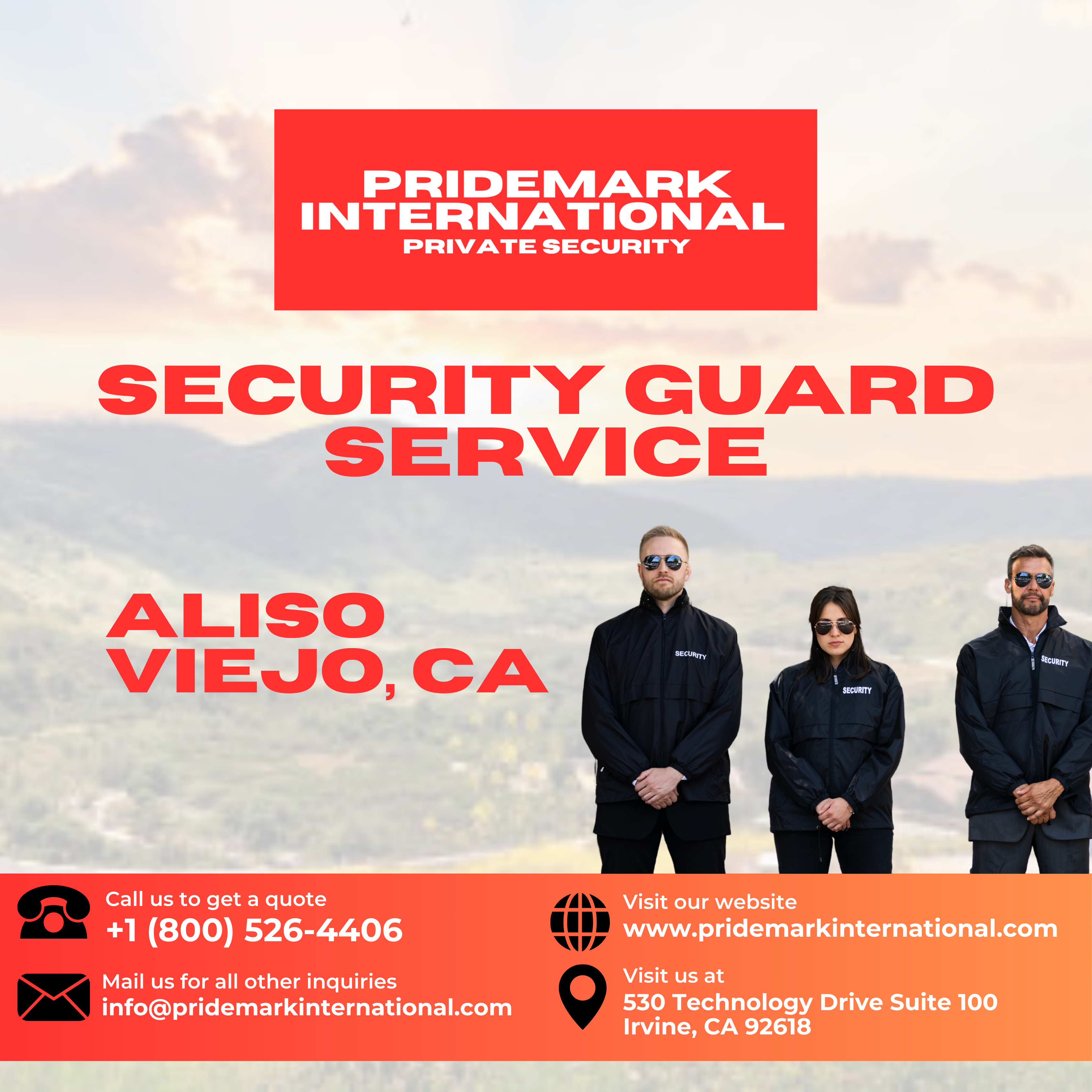 A group of security guards on a corporate poster with the company logo and contact details.