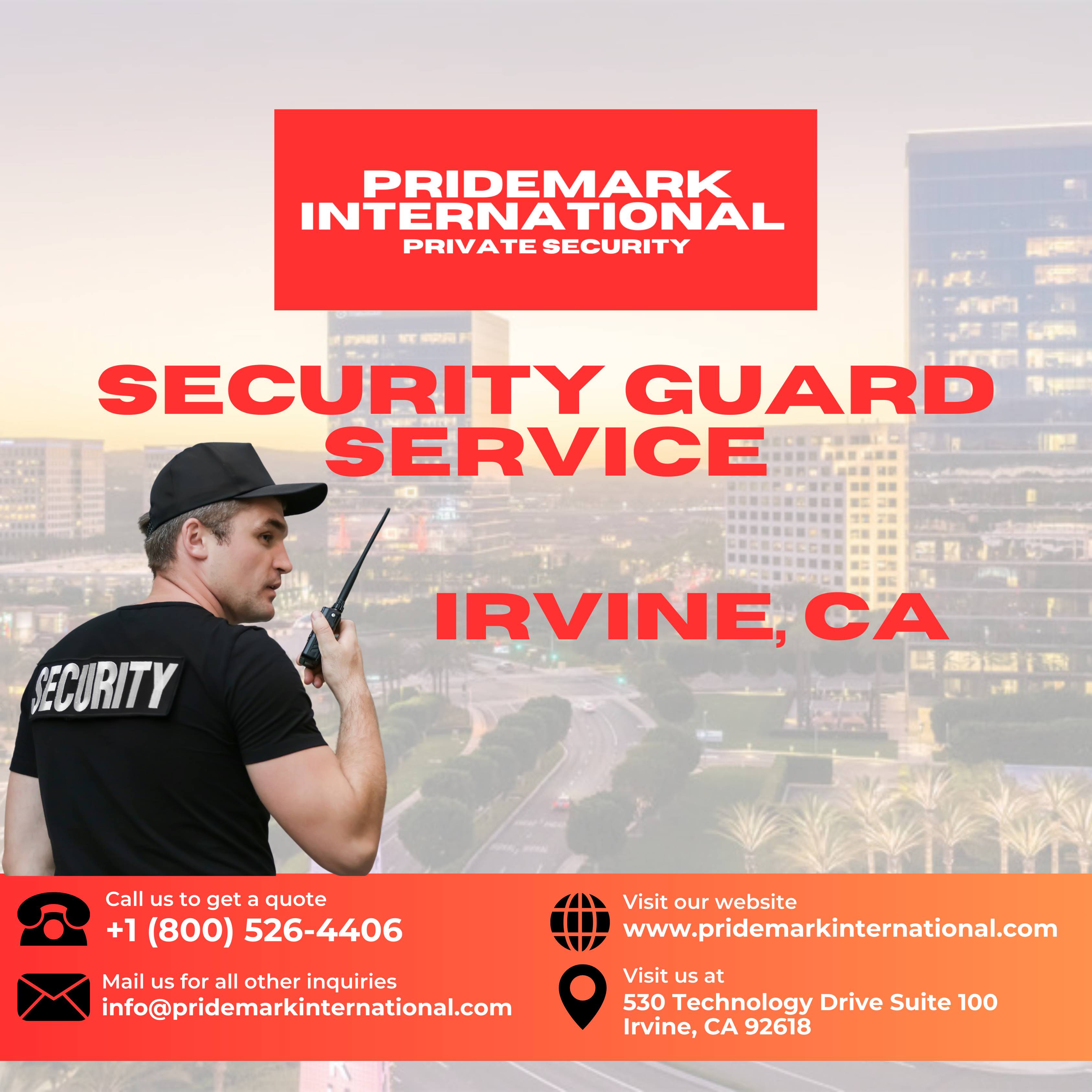 A Security guard wearing a security shirt holding a radio on a corporate poster