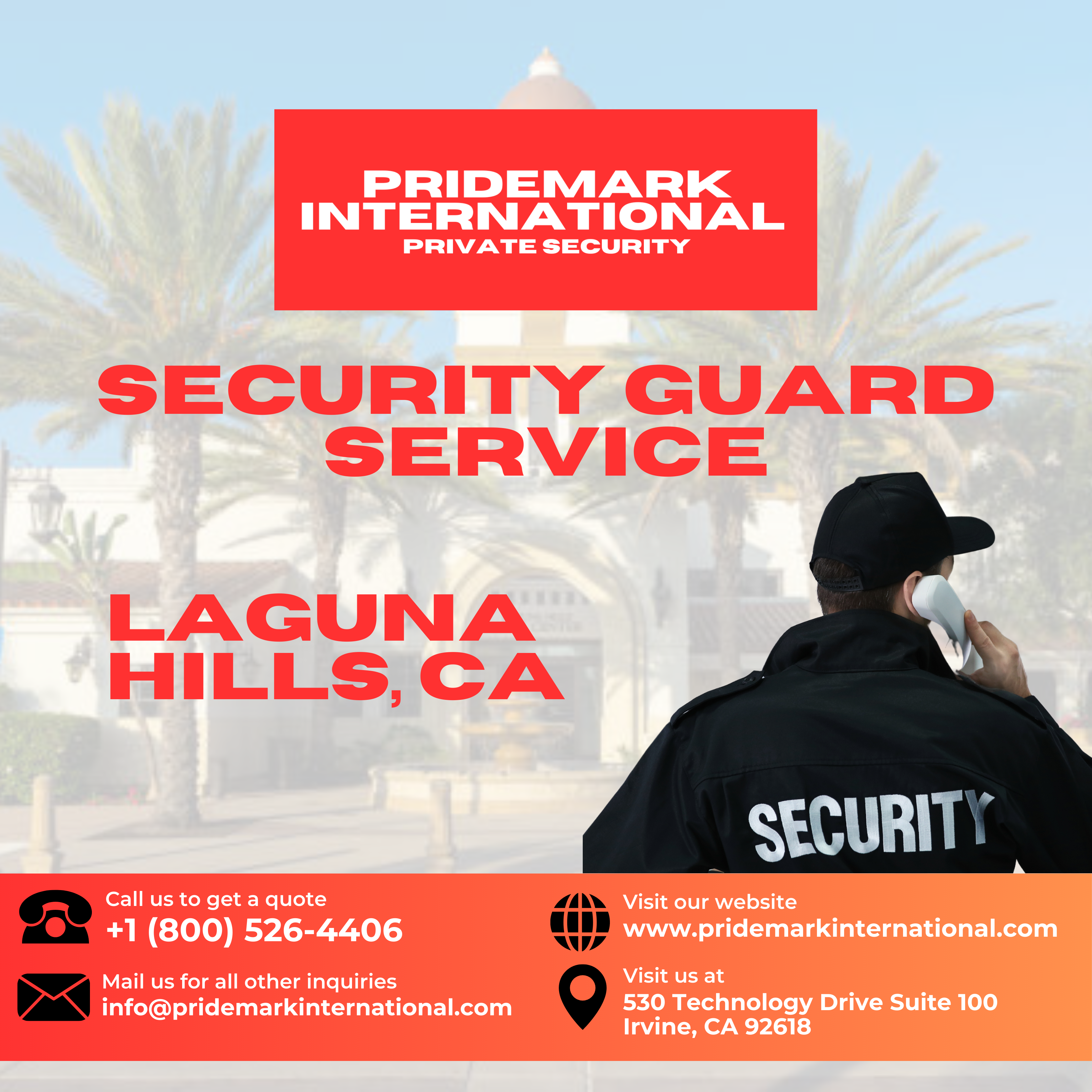 A security guard holding a phone o a corporate poster for a security guard service poster.